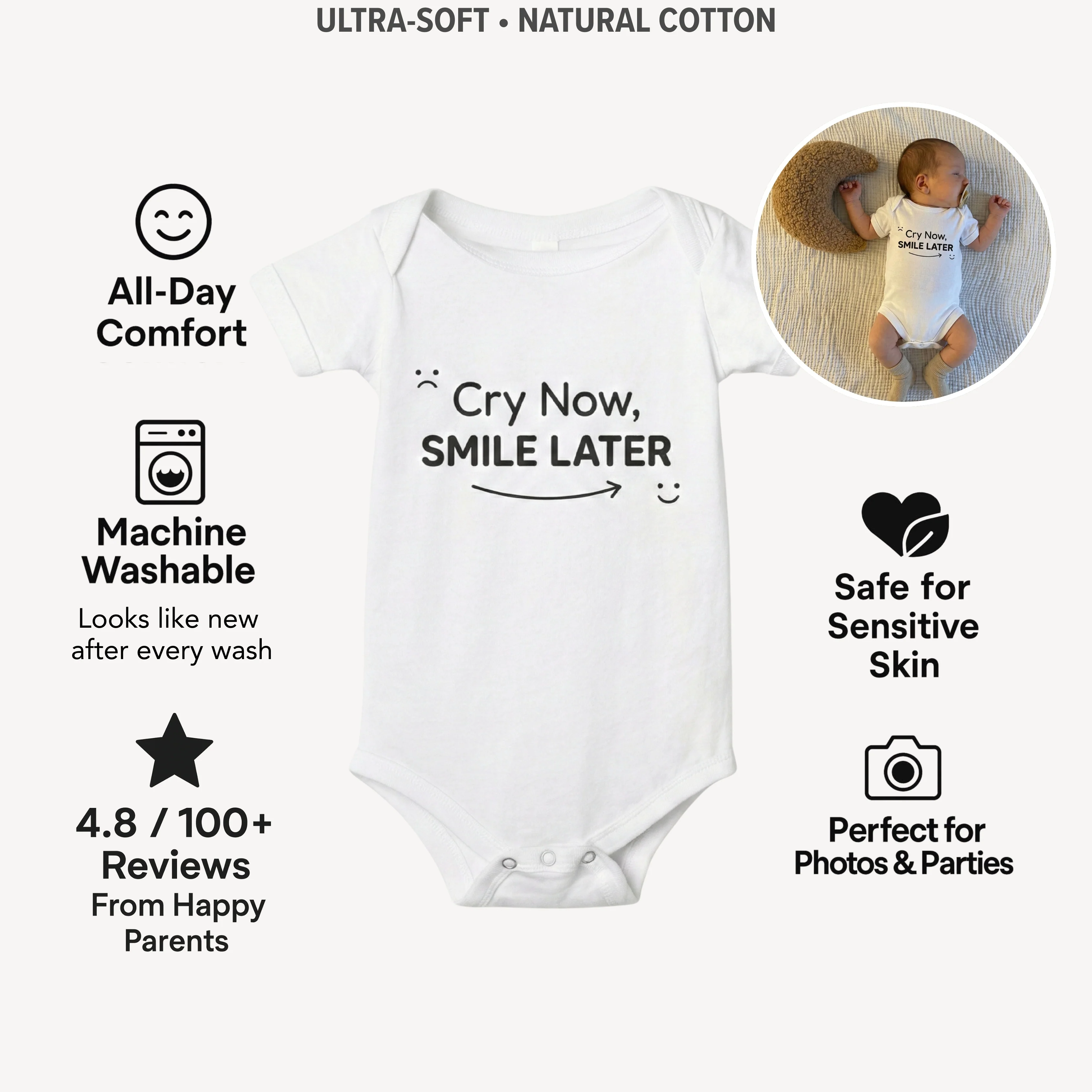 AMA™ "Cry Now, Smile Later" – Funny Baby Bodysuit - Image 3