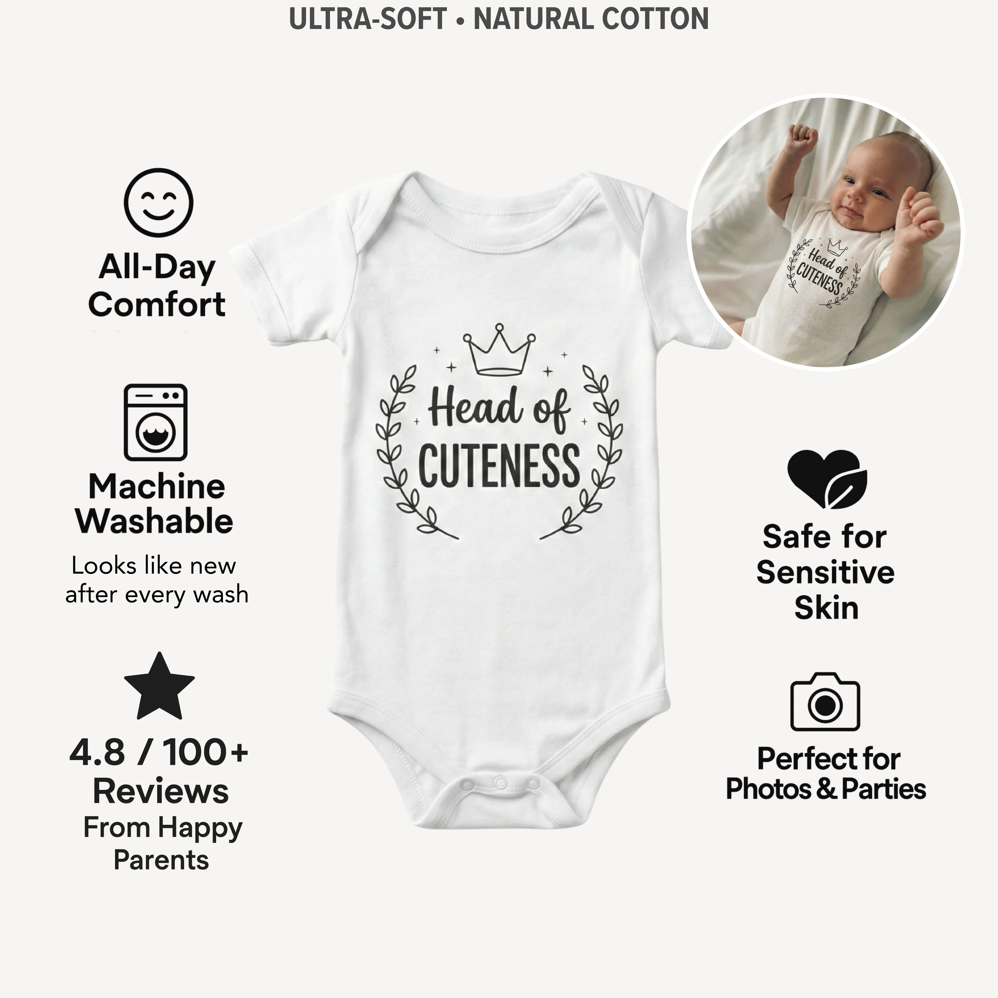 AMA™ "Head of Cuteness" – Funny Baby Bodysuit - Image 3