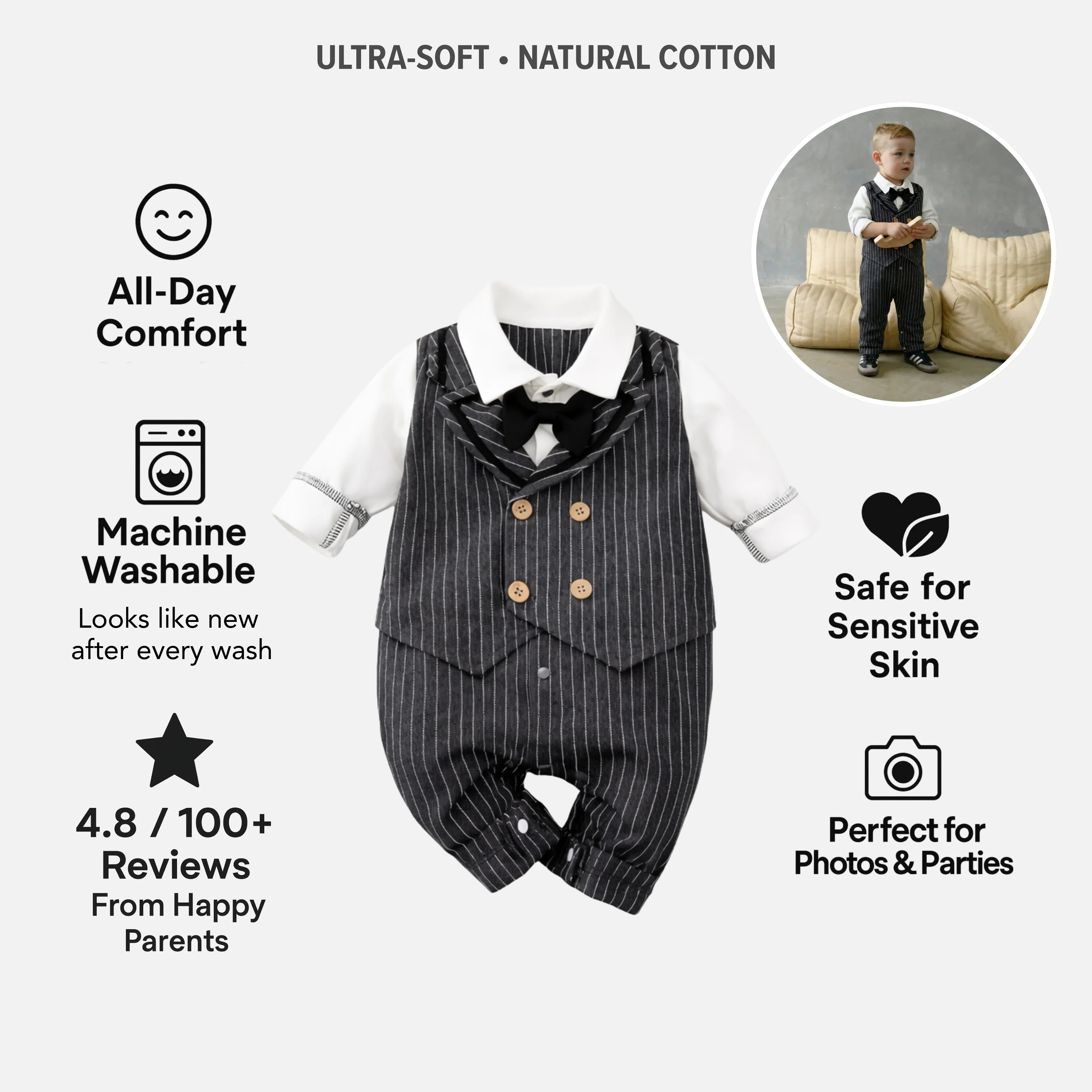 AMA™ Little Pinstripe Gentleman Kids Onesie - Image 3