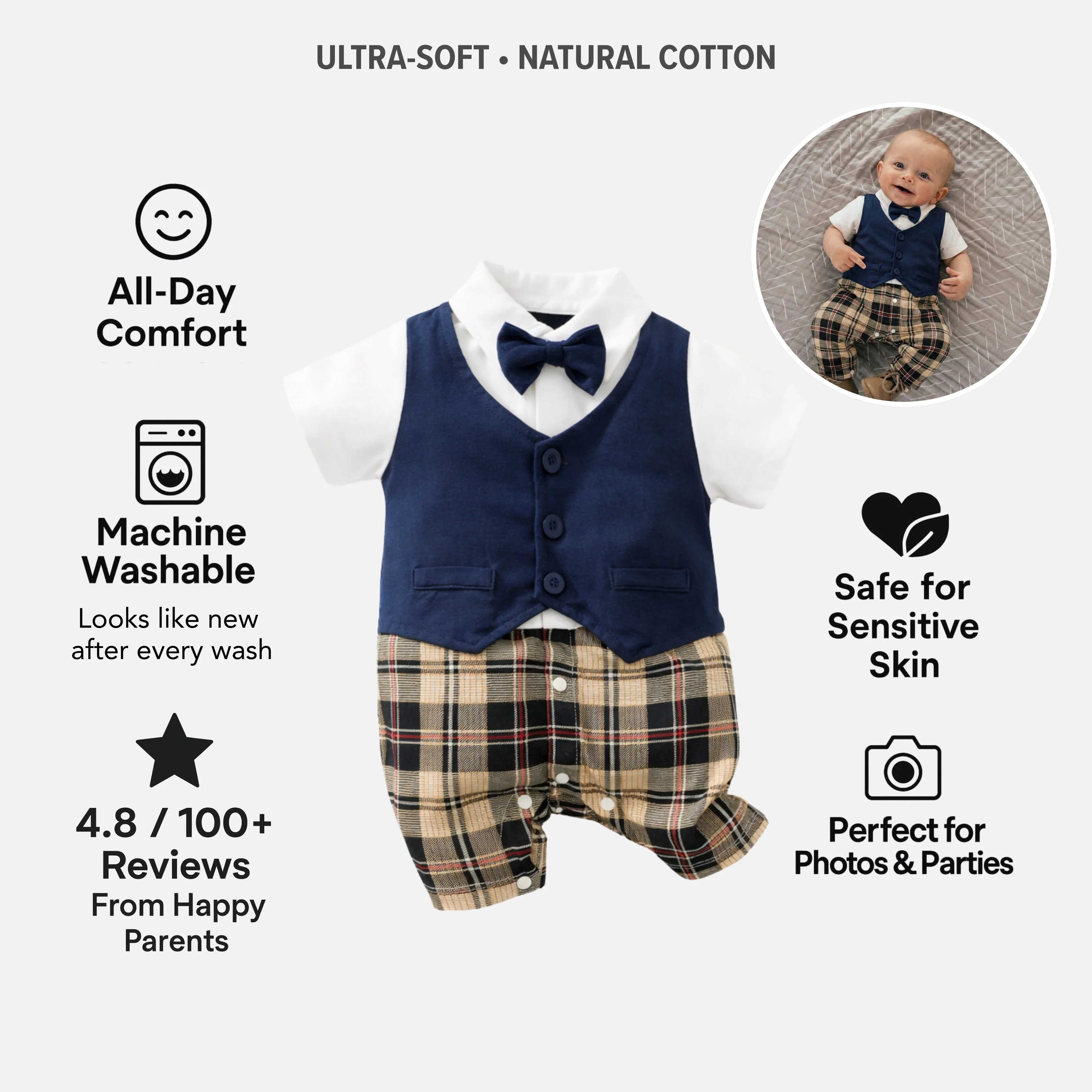 AMA™ Little Plaid Gentleman Kids Onesie - Image 3